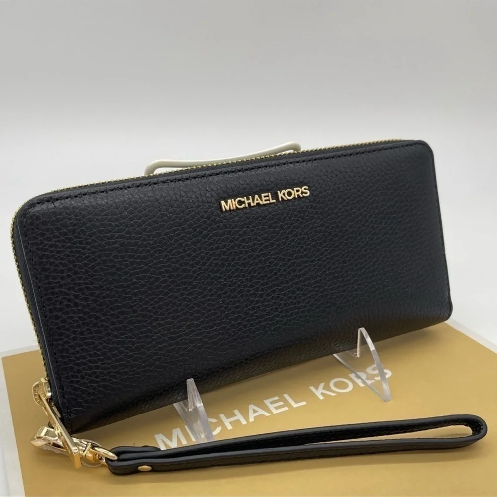 Michael Kors Large Continental Wallet Wristlet Leather Rich Black